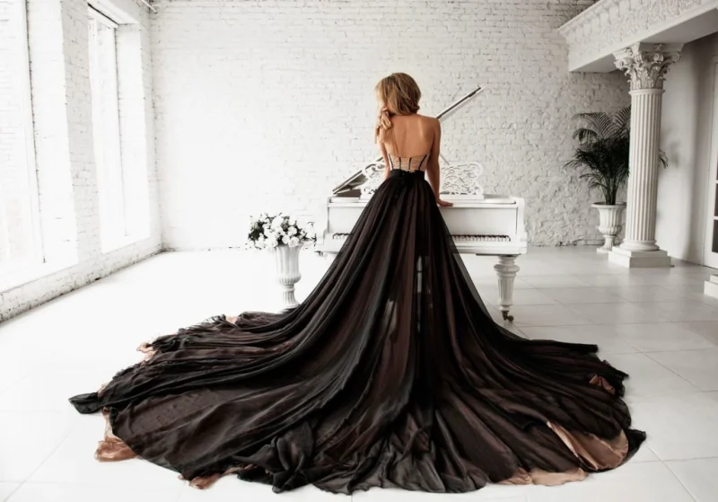 Black Lace Tulle Chiffon Long Train  Prom Dress Wedding Dress