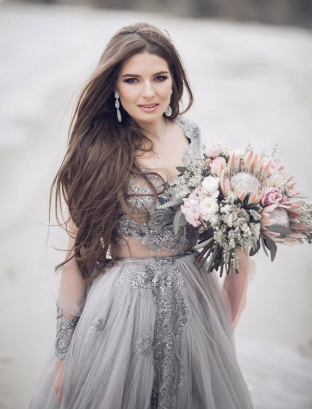 Grey Lace Tulle Long Train Skirt Wedding Dress