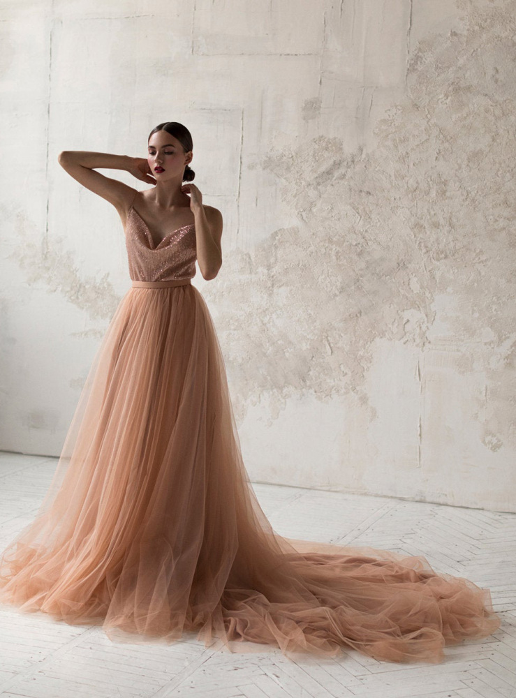 Dusty Coral Long Train Skirt 2 Pieces Prom Dress