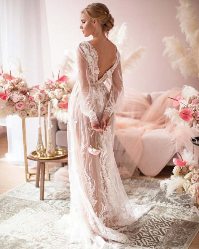 Light Champagne Lace Tulle Long Train  Prom Dress Wedding Dress