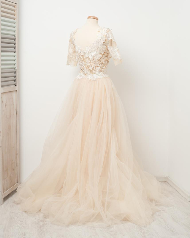 Light Champagne Lace Tulle Wedding Dress Bridal Gown