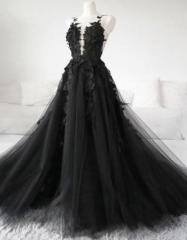 Black Lace Tulle Long Train Wedding Dress