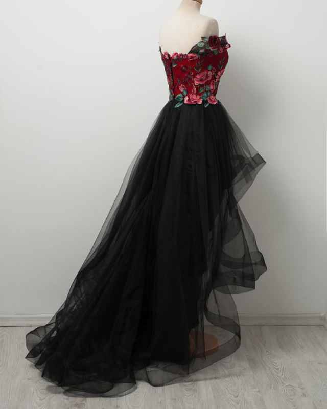 Black Wedding Dress High Low Lace Tulle Prom Dress