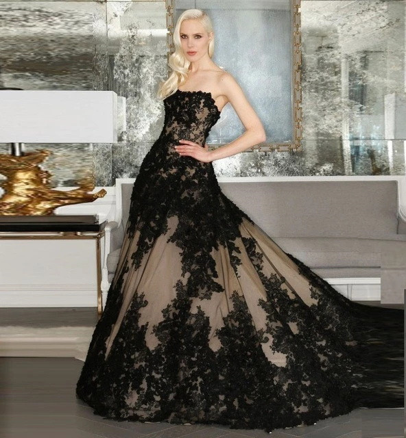 Black Lace Tulle Long Train Wedding Dress