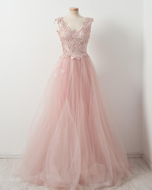 Pink Lace Tulle Short Train Wedding Dress Bridal Gown