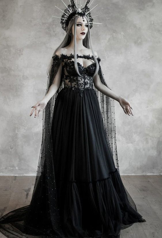 Black Wedding Dress Short Train Halloween Dress Holiday Costums