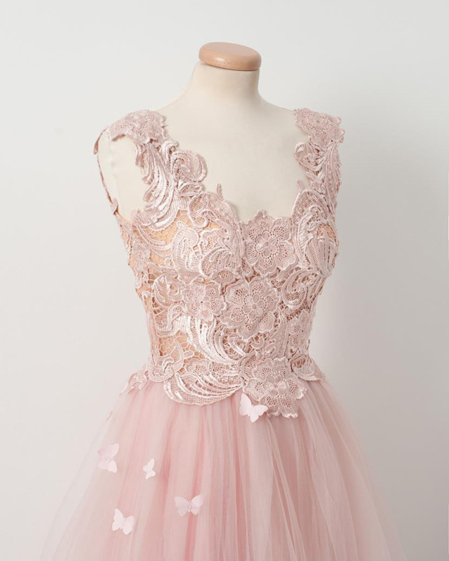 Pink Lace Tulle Short Train Wedding Dress Bridal Gown