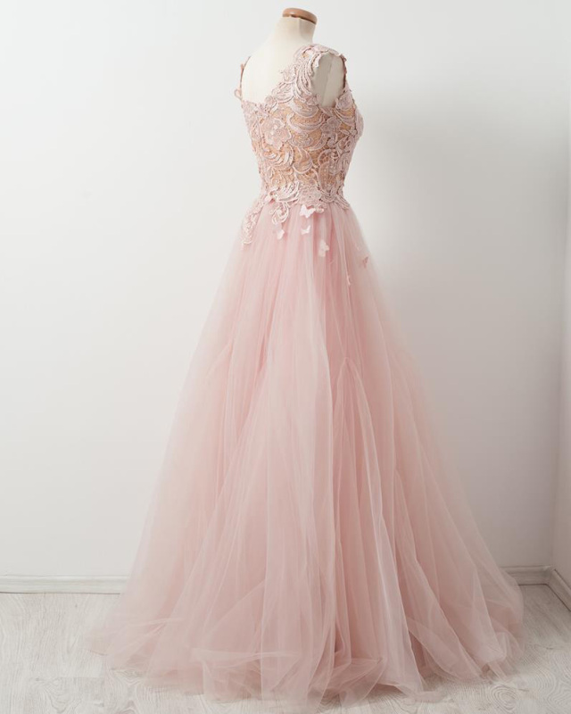 Pink Lace Tulle Short Train Wedding Dress Bridal Gown