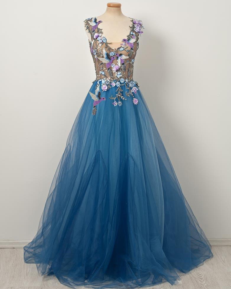 Blue Lace Tulle Short Train Prom Dress Bridal Dress