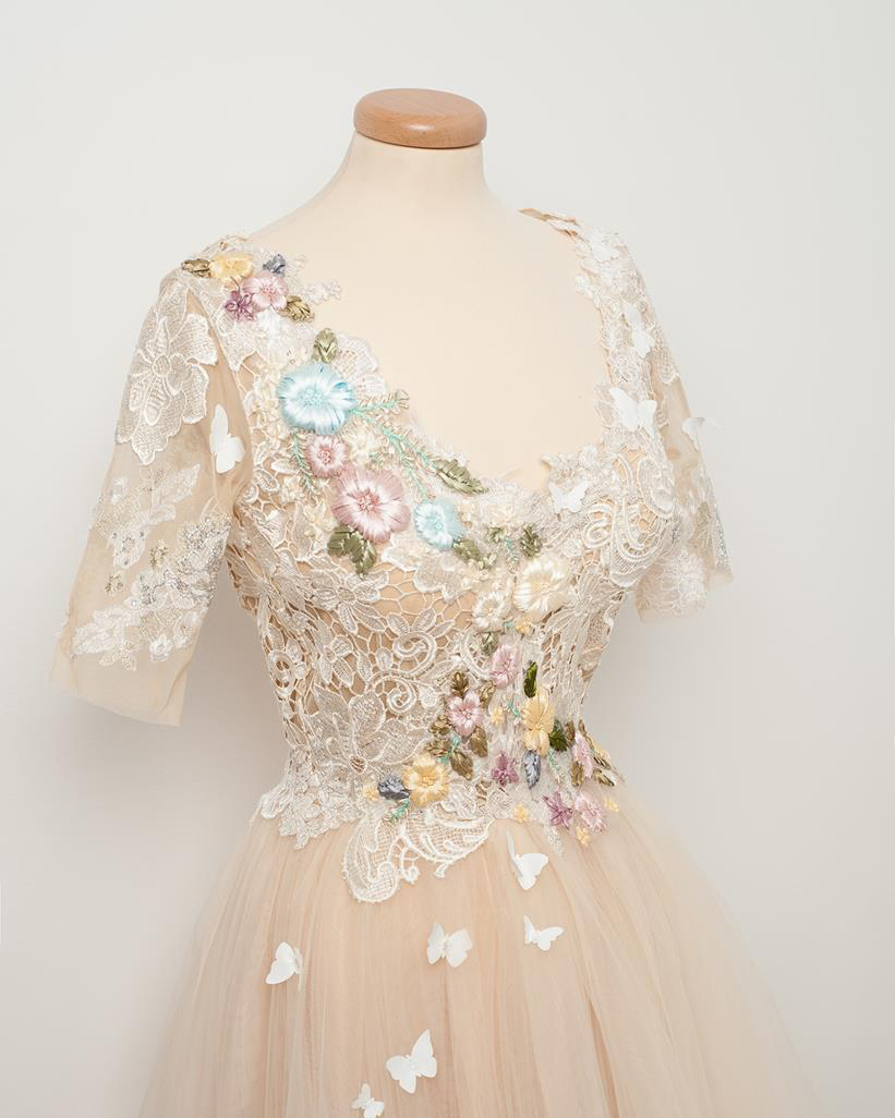 Light Champagne Lace Tulle Wedding Dress Bridal Gown