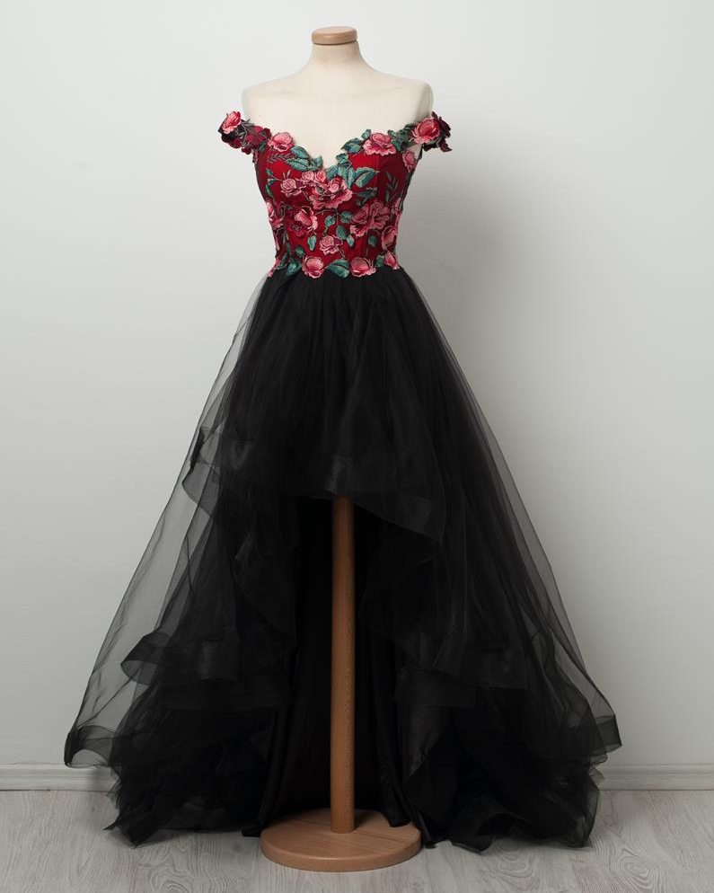 Black Wedding Dress High Low Lace Tulle Prom Dress