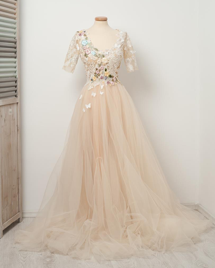 Light Champagne Lace Tulle Wedding Dress Bridal Gown