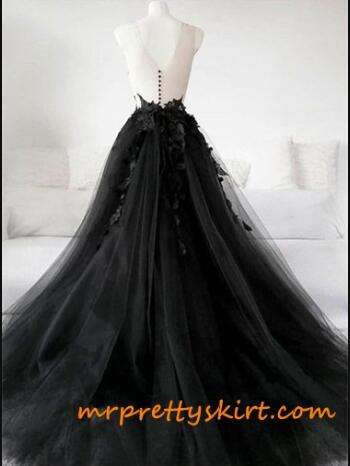 Black Lace Tulle Long Train Wedding Dress