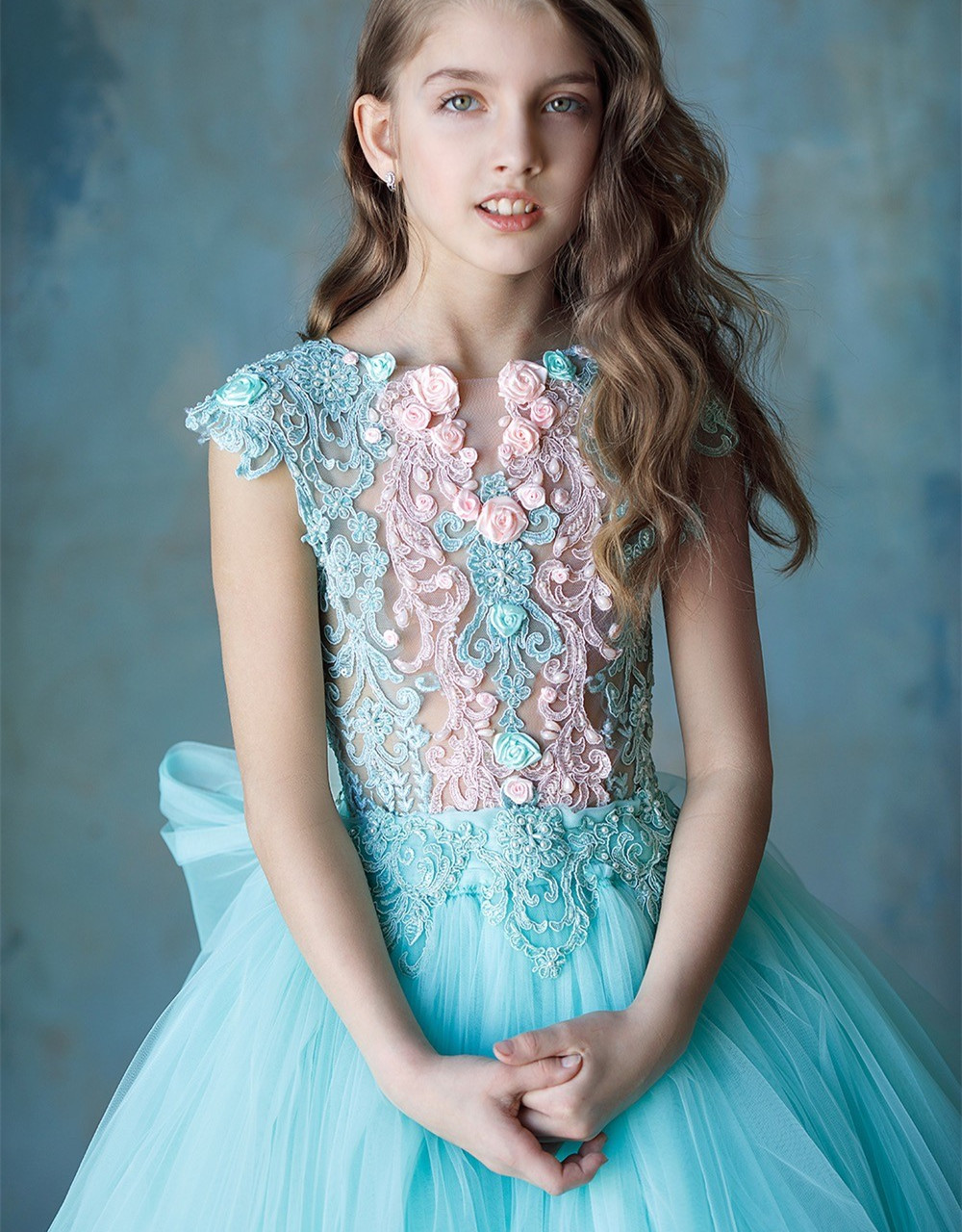 Lace Tulle Long Train Girls Pageant Dress Flower Girl Dress