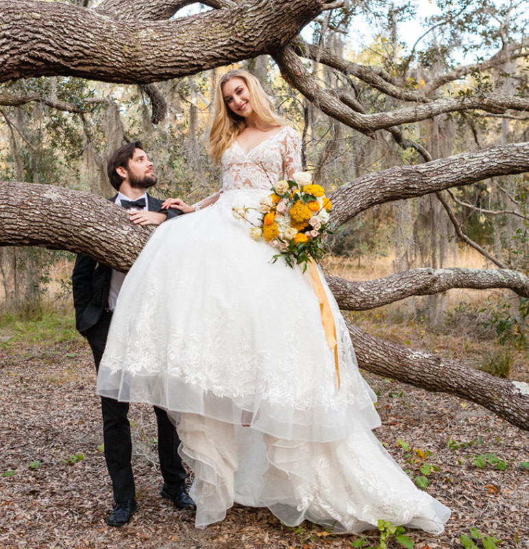 Ivory Lace Tulle Long Train Wedding Dress