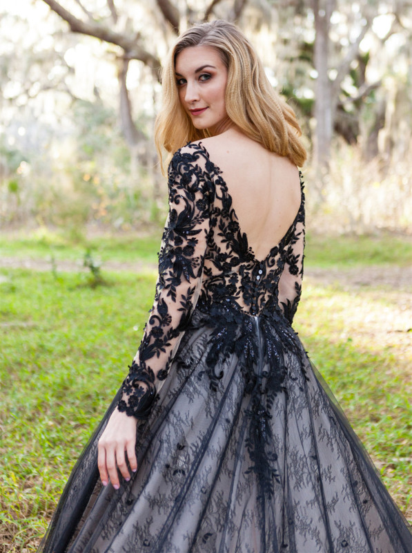 Black Lace Tulle Long Train Wedding Dress