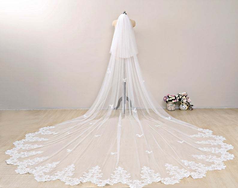 Cathedral Blusher Veil Chapel Veil with Lace Blusher Wedding Veil