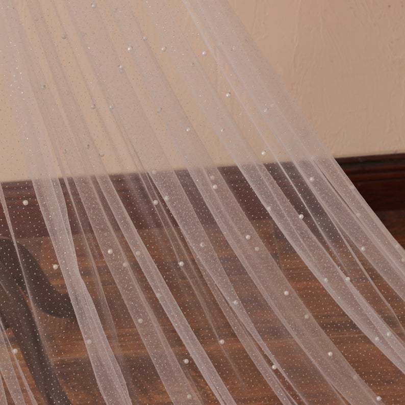 Pearls Scattered Cathedral Veil with Cut Edge Wedding Veil with Pearls