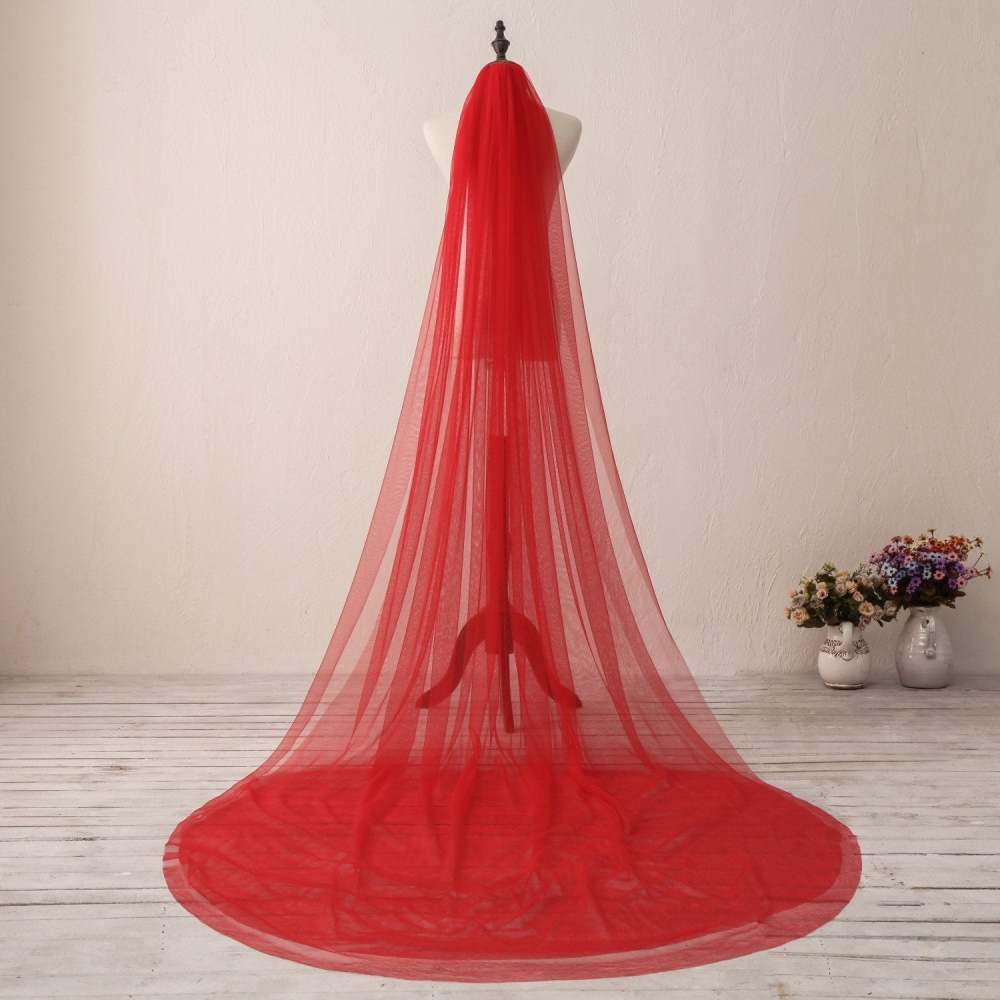 Red Soft Wedding Veil Long Plain Edge Bridal Veil