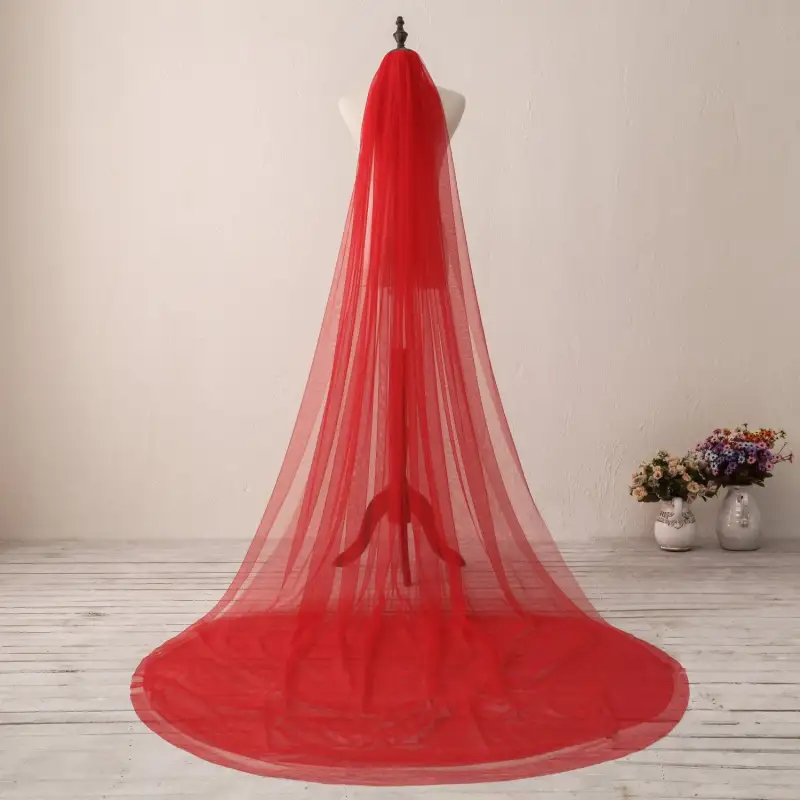 Red Soft Wedding Veil Long Plain Edge Bridal Veil