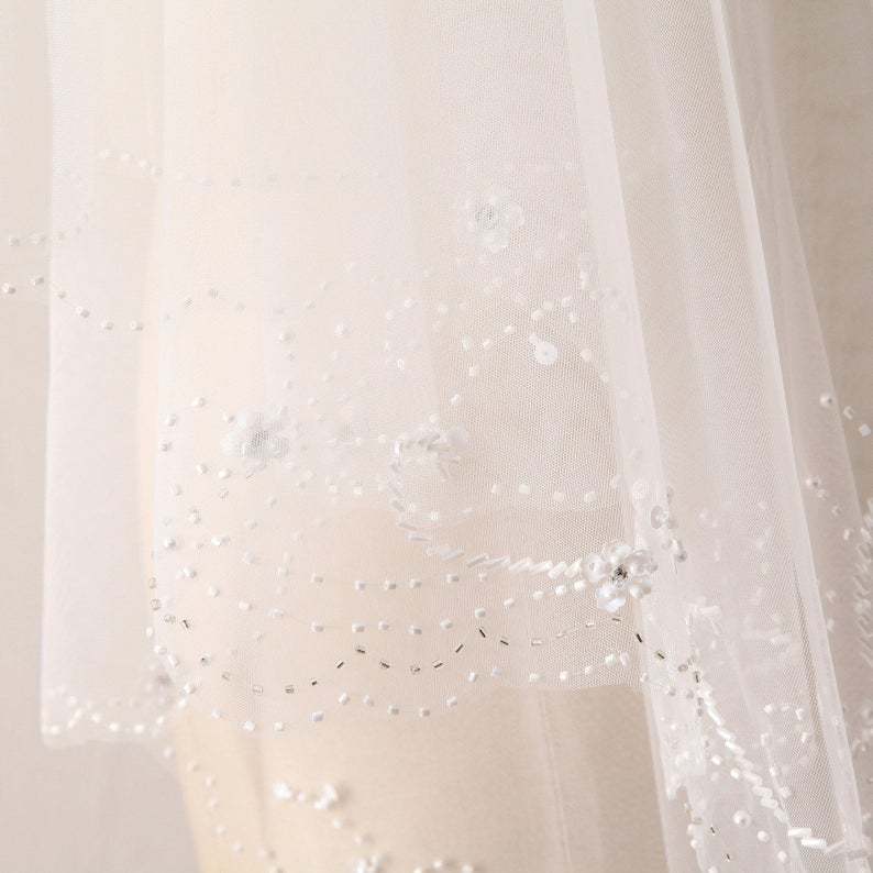 Ivory Wedding Veil Crystal Beaded Veil With Blusher