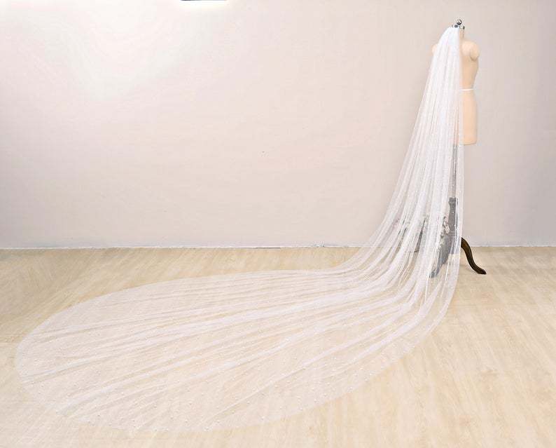 Pearls Scattered Cathedral Veil with Cut Edge Wedding Veil with Pearls