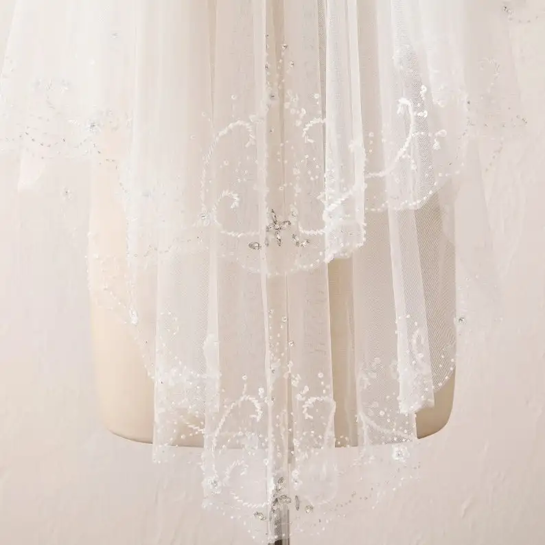 Ivory Wedding Veil Crystal Beaded Veil With Blusher