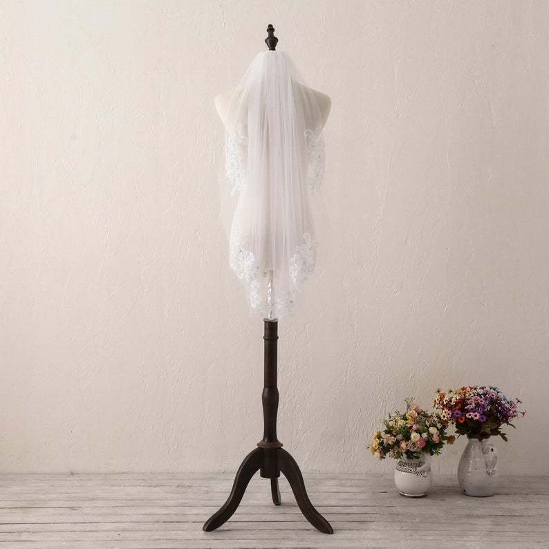 Lace Wedding Veil Short Pearl and Sequin Lace Wedding Veil