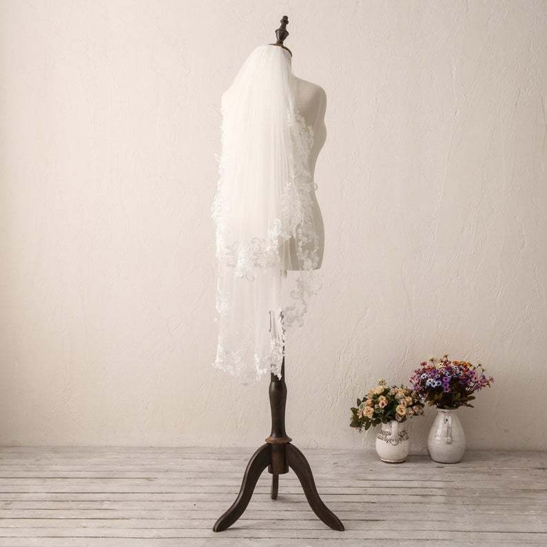 Ivory Lace Soft Wedding Veil Short Lace Bridal Veil