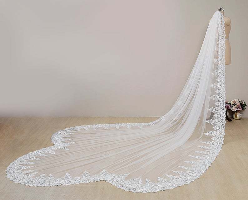 Ivory Chapel Lace Cathedral Veil Floral Lace Edge Veil