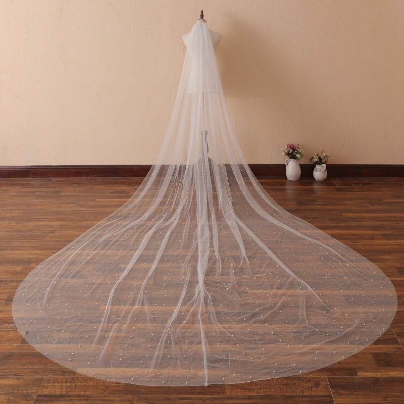 Pearls Scattered Cathedral Veil with Cut Edge Wedding Veil with Pearls