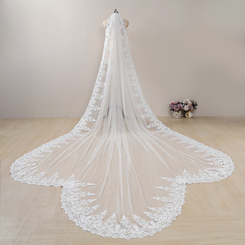 Ivory Chapel Lace Cathedral Veil Floral Lace Edge Veil