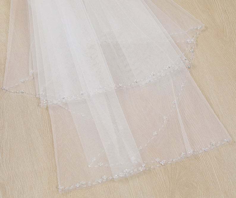 Beaded Edge Veil Ivory Fingertip Beaded Veil