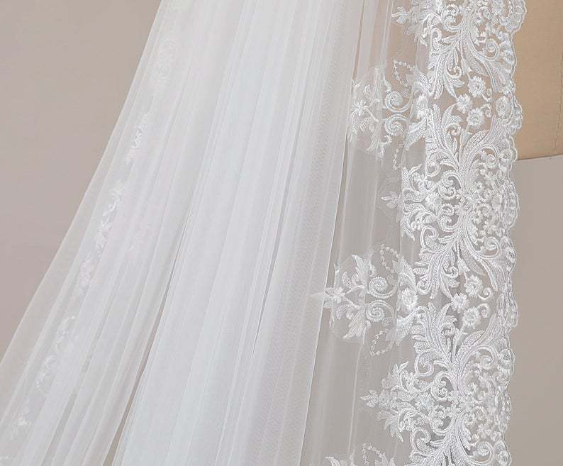 Ivory Chapel Lace Cathedral Veil Floral Lace Edge Veil