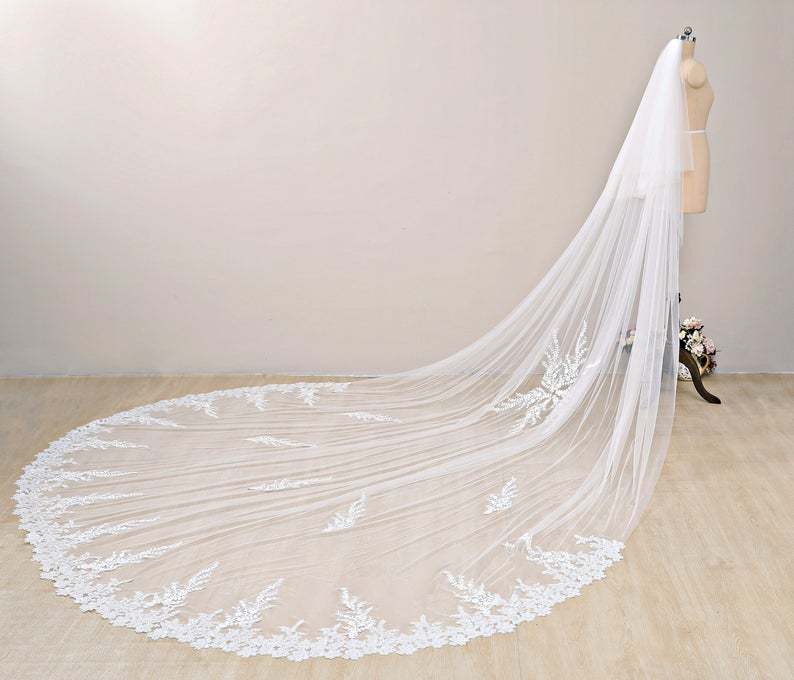 Ivory Floral Bridal Veil Long Lace Wedding Veil