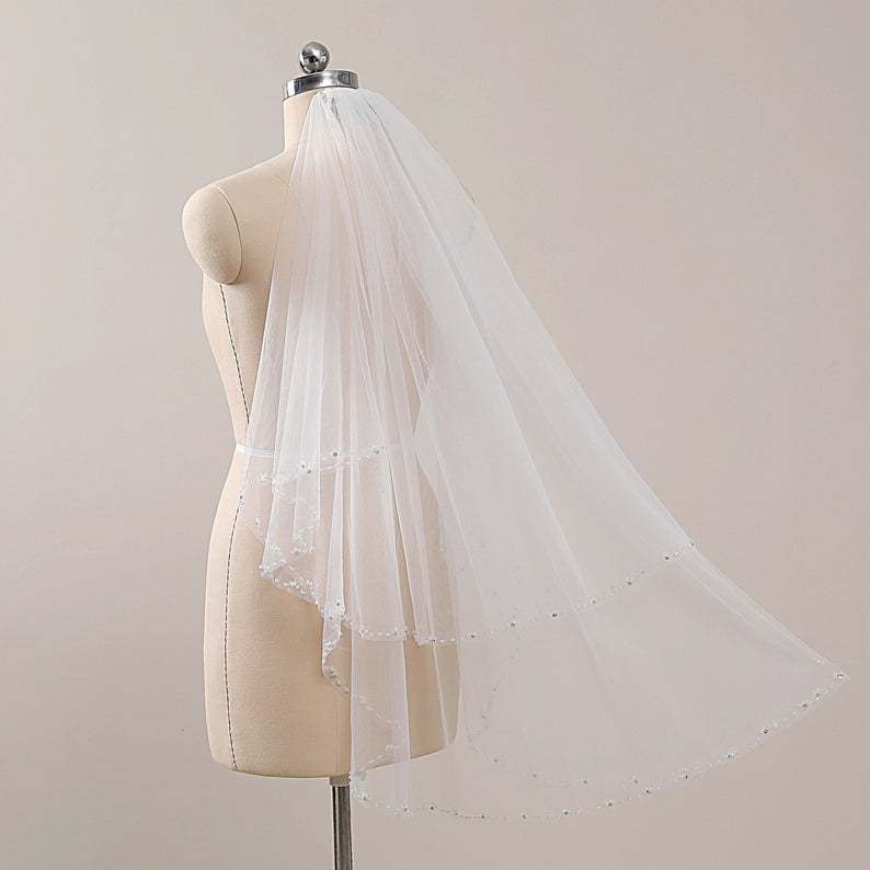 Beaded Edge Veil Ivory Fingertip Beaded Veil