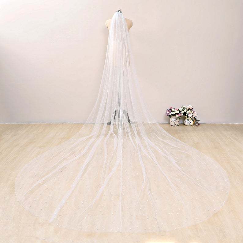 Pearls Scattered Cathedral Veil with Cut Edge Wedding Veil with Pearls