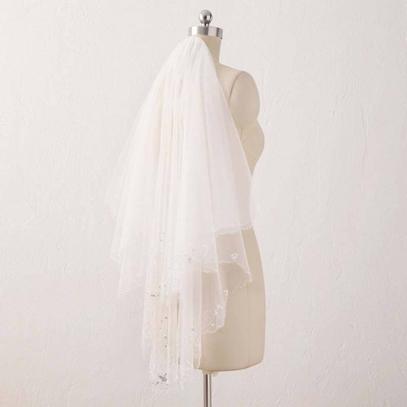 Ivory Wedding Veil Crystal Beaded Veil With Blusher