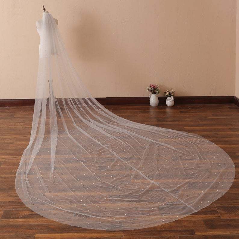 Pearls Scattered Cathedral Veil with Cut Edge Wedding Veil with Pearls