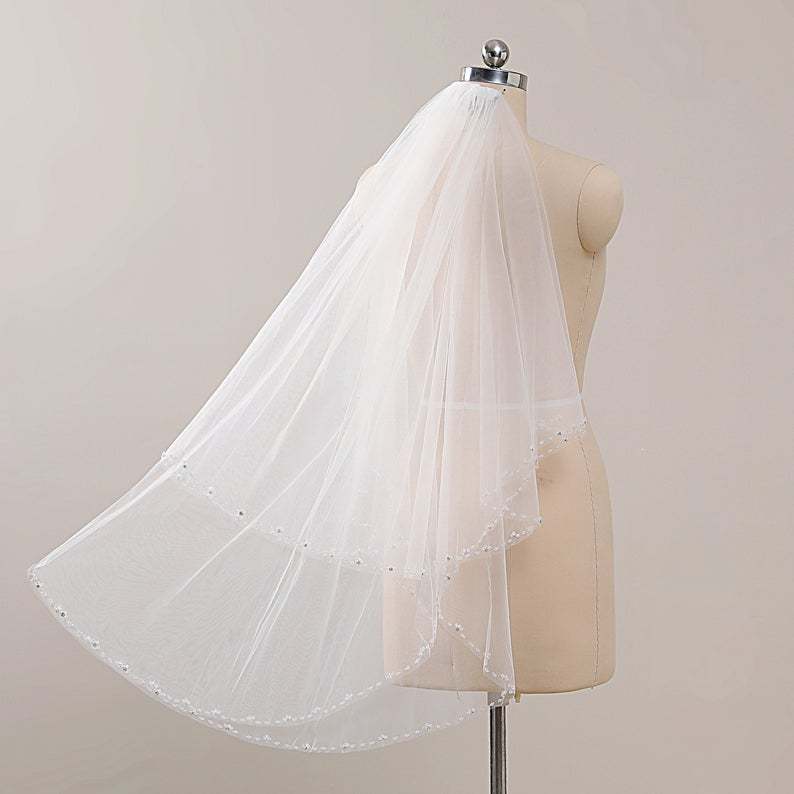Beaded Edge Veil Ivory Fingertip Beaded Veil