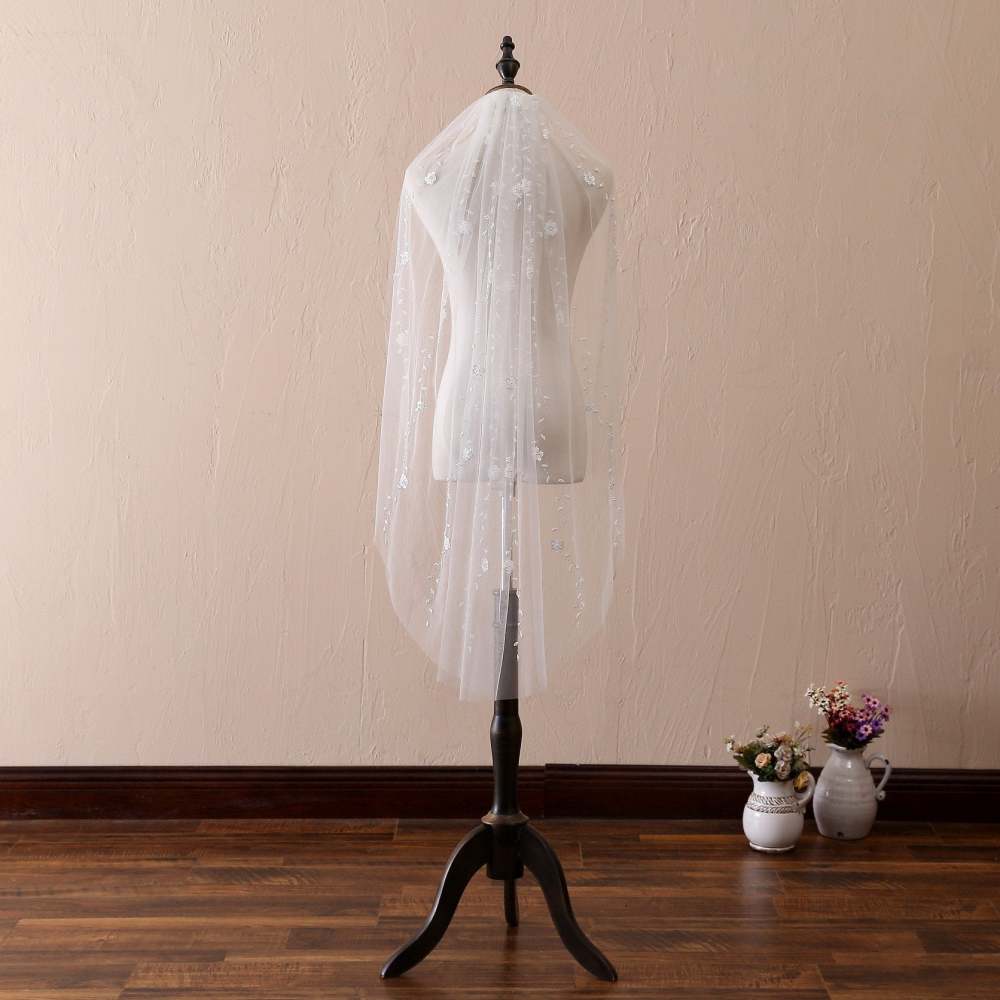 White Floral Trailing Wedding Veil Pearls Veil