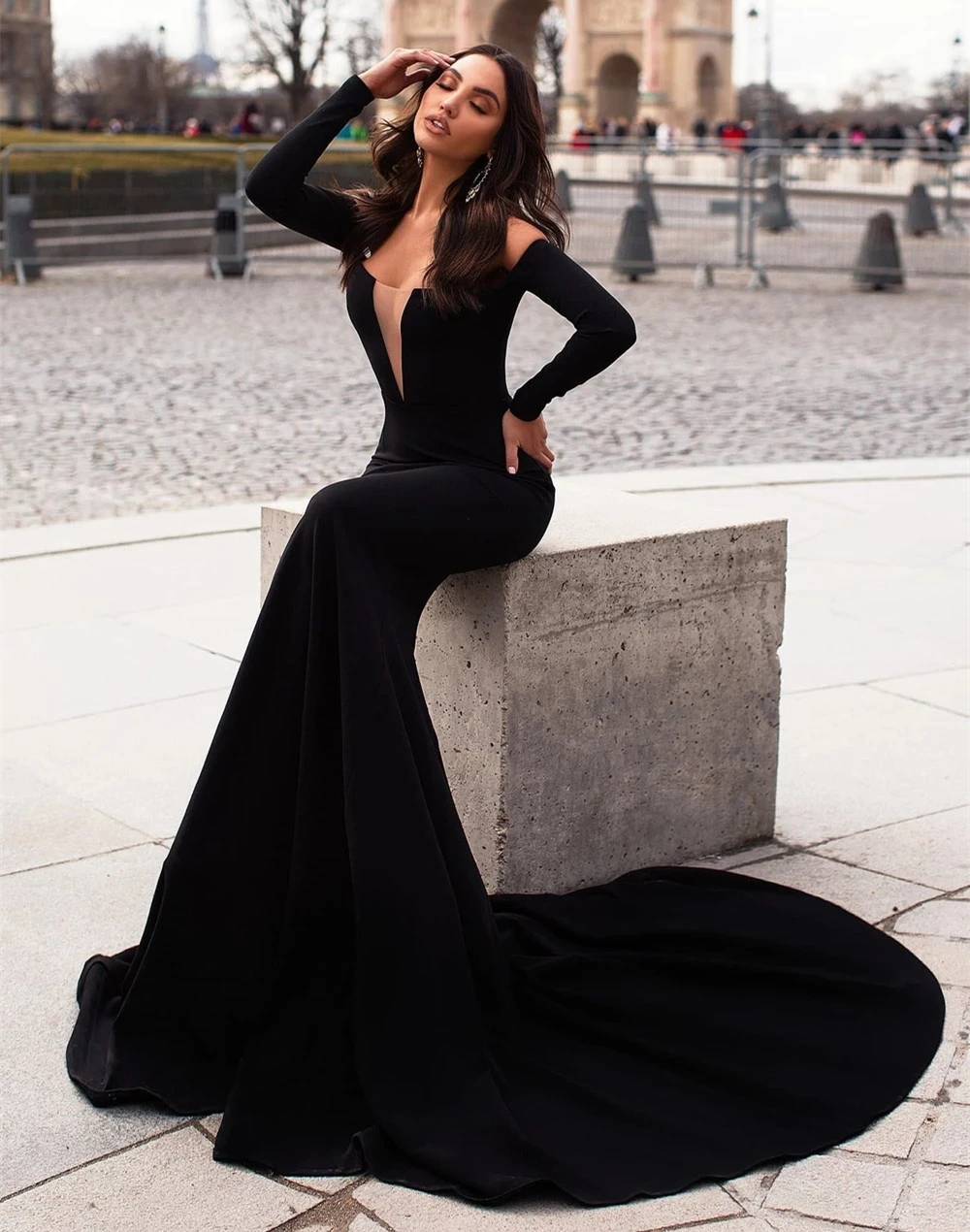 mermaid jersey maxi dress Black Long Train Prom Wide shoulder straps support