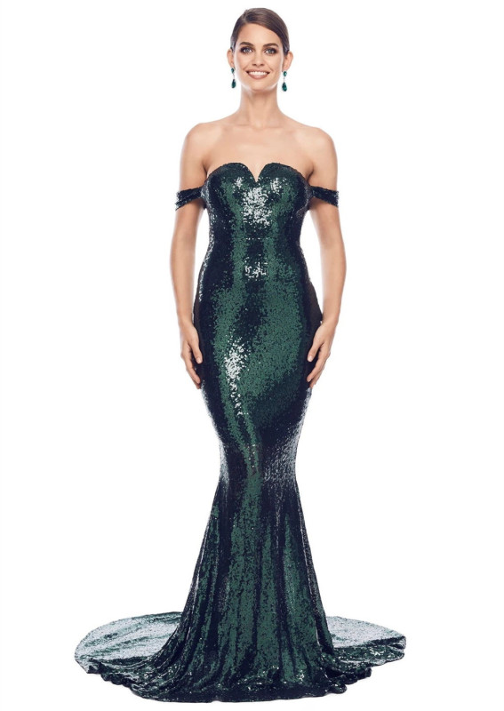 Dark Green Sequin Mermaid Short Train  Prom Dress