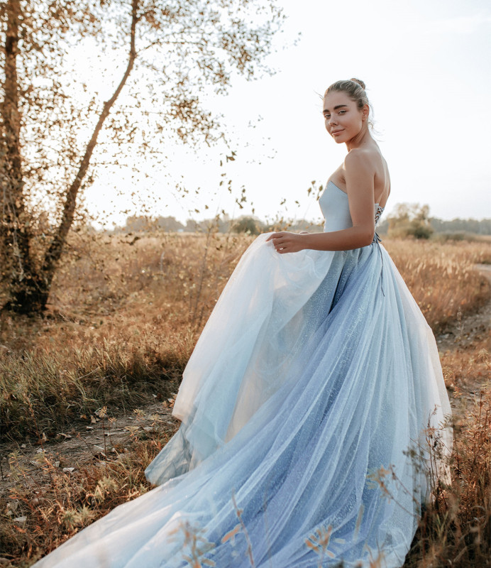 Dusty Blue Satin Tulle Long Train Wedding Skirt 2 Pieces Wedding Dress