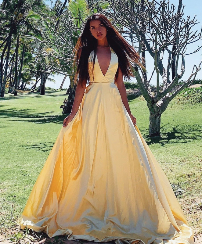 Yellow Taffeta V Neck Short Train  Prom Dress