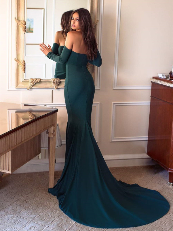 Dark Green Satin Mermaid Short Train  Prom Dress