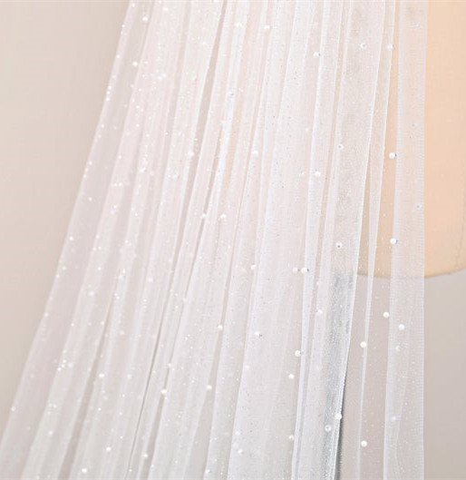 Pearls Scattered Cathedral Veil with Cut Edge Wedding Veil with Pearls
