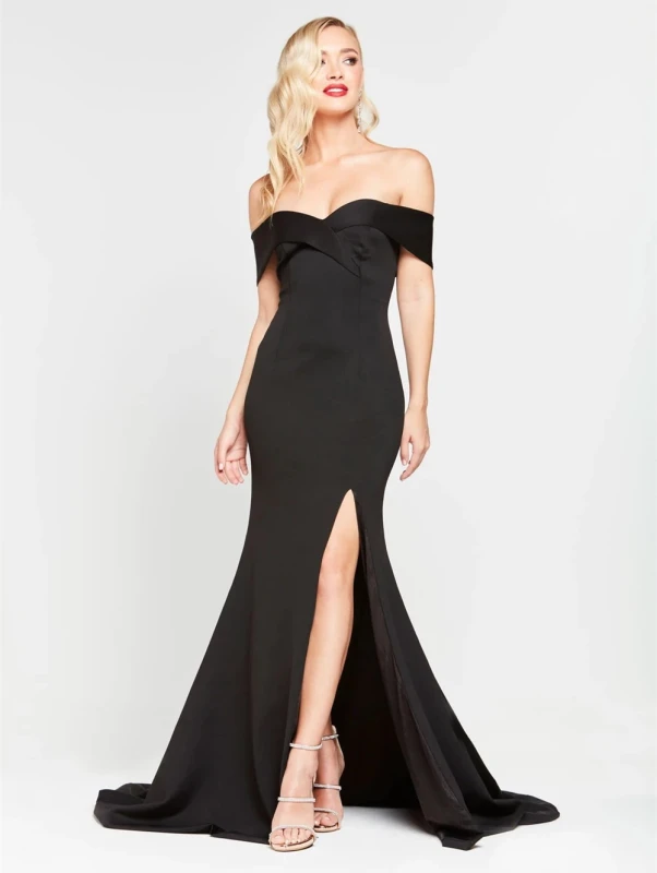 Black Satin Mermaid Short Train  Prom Dress