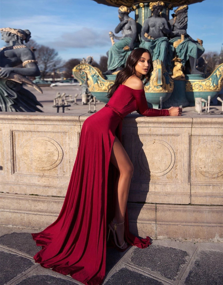 Burgundy Sexy Jersey Short Train  Prom Dress