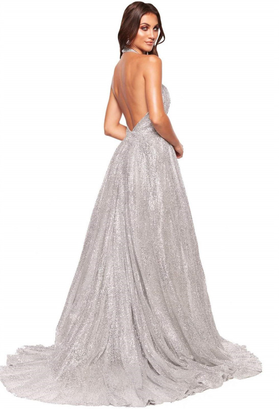 Silver Sequin Short Train  Prom Dress